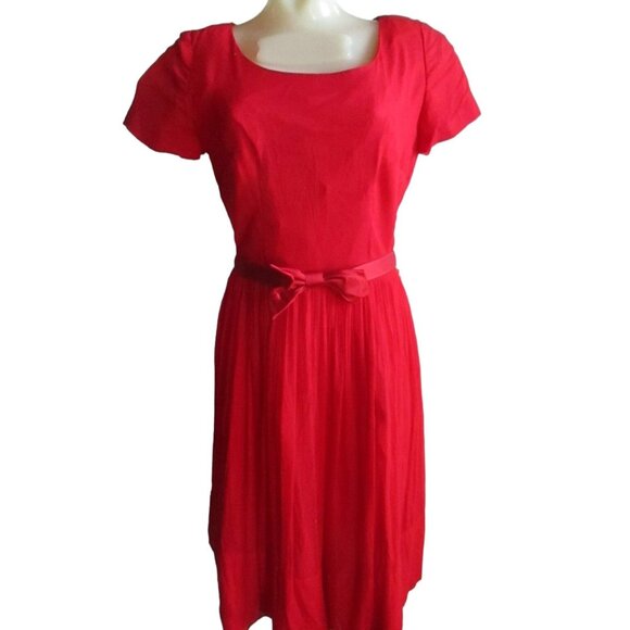 sz 14 Vintage Women's 1950's Dress L'Aiglon Rayon Cherry Red Belted MCM Atomic - Picture 1 of 16